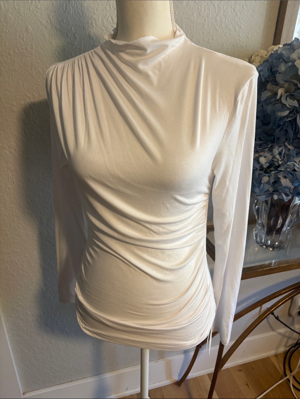 Commense White Long-Sleeve Draped Mock Neck Top